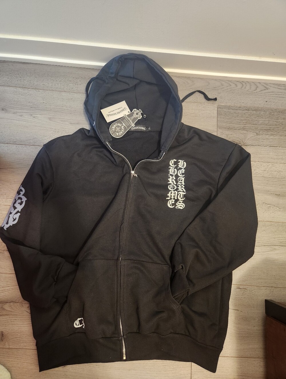 Chrome Hearts Black Kids Zip Hoodie with White Gothic Logo